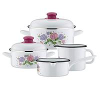 GSW 189972 Hortensia - Batería de cocina (6 piezas, acero esmaltado, plástico), color blanco
