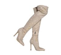 GSXLZ Zapatos Invierno Mujer Botas de punta puntiaguda con diamantes de imitación, tacones altos, cremallera lateral, hasta la rodilla, for actuaciones escénicas for mujer(Apricot,39)