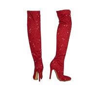 GSXLZ Zapatos Invierno Mujer Botas de punta puntiaguda con diamantes de imitación, tacones altos, cremallera lateral, hasta la rodilla, for actuaciones escénicas for mujer(Red,39)