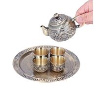 Gsycle Vintage Tea Pot Set, Exquisite Metal Luxurious Relief Pattern Moroccan Tea Service Set with Cups Plate for Table Decoration