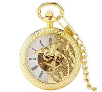 GSZCCZS Golden Double Open Case Lid Phoenix Semi-Hollow Mechanical Pocket Watch Cubierta Hueca de la Cadena de Cadena de bobinado para Hombres Mujeres
