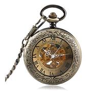 GSZCCZS Números Romanos de Bronce de Lujo Reloj de Bolsillo mecánico automático Mujeres Tallando Retro Transparente Cadena de Cubierta de Vidrio Regalo