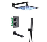 GSZCCZS Sistema de Ducha termostática Negro Matte, Cabezal de Ducha de Lluvia LED con Ducha Manual, Juego de grifos de bañera montada en la Pared, Grifo de Ducha de baño, 10 Pulgadas-A