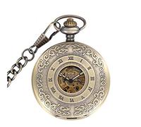 GSZCCZS Vintage Bronce Wooden Mechanical Pocket Watch Numerales Romanos Dial de Flor Creativa de Tallado