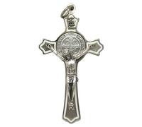 GTBItaly - Crucifijo con medalla del exorcista San Benito, plateado y perfilado con esmalte blanco, 8 cm