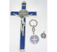 GTBITALY Kit 002 Cruz de San Benito Económica Esmaltada Azul + Llavero esmaltado + Medalla Plata con Anillo Exorcista