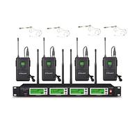 GTD Audio 4x800 Canales Ajustables UHF Diversidad Sistema de Micrófono Inalámbrico con 4 Bodypacks, 4 Auriculares Beige y 4 Micrófonos de Solapa, Alcance 450 pies, (8 Micrófonos)