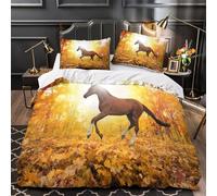 GTDKSUEVG Caballo al Galope en otoño 3D Impresión Funda de edredón 3pz Microfibra Resistente Escena de Bosque Natural Edredón Funda 2 Fundas Lavable a máquina Adolescentes Adultos Single（140x200cm）