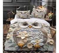GTDKSUEVG Tres Piezas Microfibra Suave Owl Embroidery Funda de Edredón Estampado 3D Fundas Almohada Antibacteriana Floral Funda de Edredón for Familia Double（200x200cm）