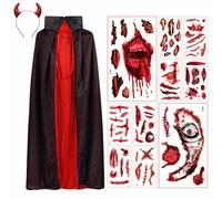 GTDOOCE Capa Negra Roja Reversible 90cm,Halloween Disfraz Capa Disfraz Vampiro Traje con Cuerno de Demonio y Tatuajes de Cicatrices para Halloween para Bailes de Máscaras y Fiestas