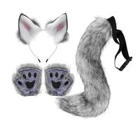 GTFYUDGH Juego De Orejas Y Cola De Lobo, Orejas De Lobo Gris Cola Y Guantes, Traje De Lobos Adulto Ola Artificial, Accesorios De Lobos Peludo Con Colas Para Accesorios De Disfraces De Fiesta Halloween