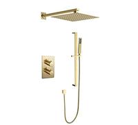 GTHTUHFD Conjunto De Ducha Termostática Mural De Oro Cepillado para Baño con Mezclador Tipo Lluvia, Cabezal De Ducha Cuadrado De 10-12" Y Barra Deslizante De Altura Ajustabl,10 Inch