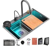 GTHTUHFD Estación De Trabajo Multifunción para Fregadero De Cocina, Color Negro, De Acero Inoxidable 304, con Grifo, Lavavasos Y Accesorios para Preparar Y Limpiar Comi,60x45x21cm-One Size