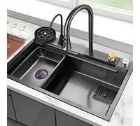 GTHTUHFD Fregadero De Cocina Flying Fish, Fregadero De Cascada, Fregadero Doméstico, Mezclador Extraíble, Lavaplatos, Mesa De Control De Desagüe, Múltiples Accesorios,Black-80 * 45 * 22cm