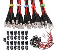 GTIWUNG 50Pcs Luces LED de Diodo 12V DC Pre Wired LED Diodos Emisores de Luz Lámpara con Cables de 20cm + 50Pcs 3mm Plástico Soporte de LED Clip Montaje +10Pcs Tipo T Conector de batería de 9V