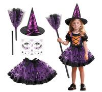 GTJEOI Disfraz de Bruja para Niñas, Vestido de Bruja Niña, Disfraces de Halloween Bruj-a con Sombrero, Escoba de Bru-ja y Pegatinas Faciales, Trajes de Bru-ja Niña para Halloween Carnaval (Morado)