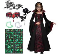 GTJEOI Disfraz de Vampiro Niñas, Disfraz Vampiresa Niña, Disfra-z de Bruja Reina Vampiresa con Disfra-z Vampira Accesorios, Dis-fraz de Vampiro Gótico para Halloween Carnaval Mascarada Cosplay