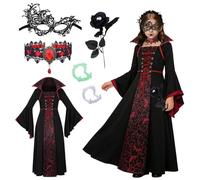 GTJEOI Disfraz de Vampiro Niñas, Disfraz Vampiresa Niña, Disfraz de Bruja Reina Vampiresa con Disfra-z Vampira Accesorios, Disfra-z de Vampiro Gótico para Carnaval Halloween Mascarada Cosplay (120)