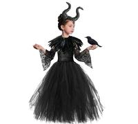 GTJEOI Disfraz Maléfica para Niñas, Maleficent Costume para Niños, Reina Bruja Malvada Vestido Maléfica para Niños,Vestido de Tul Maléfica con Cuernos Diadema,Alas,Chal Plumas,Vestido Gótico Cosplay