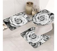 GTKSYNVE Juego de 3 alfombras de baño con diseño de rosas blancas y negras con cubierta de tapa de inodoro, alfombrilla de inodoro en forma de U y alfombrillas de baño absorbentes de microfibra
