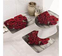 GTKSYNVE Juego de 3 alfombras de baño con diseño de rosas en forma de corazón con tapa de inodoro, alfombrilla de inodoro en forma de U y alfombrillas de baño absorbentes de microfibra, secado rápido