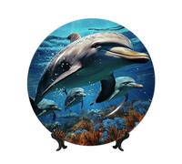GTKSYNVE Platos decorativos de porcelana de hueso de delfines, placa decorativa de cerámica personalizada de 10 pulgadas con soporte de exhibición, adornos de cerámica, placa de porcelana artística