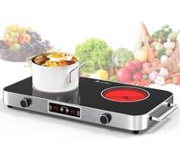 GTKZW Placa Vitrocerámica 2 Fuegos 2200W, Hornillo Eléctrico Doble Portátil 48cm, 9 Niveles, Temporizador, Para Camping, Oficina y Autocaravana, Todo Tipo de Ollas