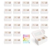 GTNCE Cajas para cupcakes, postres, galletas, 24 cajas pequeñas de cartón blanco para cupcakes con 2 agujeros/caja de papel transparente para tartas con calcomanías de sonrisa para postres, magdalenas