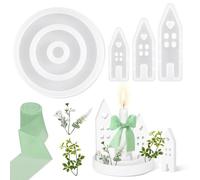 GTNCE Moldes de Silicona Casa con Ventanas, Set de 4 Moldes para Verter en Silicona, Moldes para Portavelas con 2 Plantas Artificiales, Moldes para Velas y Decoración
