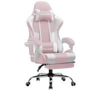 GTPLAYER Silla Gaming con Masajeador Ergonómica Silla Gamer con Reposapiés Reposacabeza, Silla de Oficina Ergonómica, Soporte Lumbar, Silla Juego Ajustable en Altura, Tela Rosa