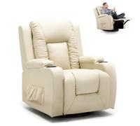 GTPLAYER Sillón de Relax con Respaldo Regulable y Reposapiés, Giratorio 360° en PU, Portavasos y Bolsillos Laterales, Silla Inclinable para TV, Silla de Lectura para Dormitorio, Blanco