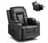 GTPLAYER Sillón de Relax con Respaldo Regulable y Reposapiés, Giratorio 360° en PU, Portavasos y Bolsillos Laterales, Silla Inclinable para TV, Silla de Lectura para Dormitorio, Negro