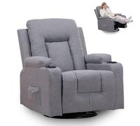 GTPLAYER Sillón de Relax con Respaldo Regulable y Reposapiés, Giratorio 360° en Tela, Portavasos y Bolsillos Laterales, Silla Inclinable para TV, Silla de Lectura para Dormitorio, Gris Oscuro