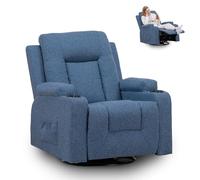 GTPLAYER Sillón de Relax con Respaldo Regulable y Reposapiés, Giratorio 360° en Tela, Portavasos y Bolsillos Laterales, Silla Inclinable para TV, Silla de Lectura para Dormitorio, Azul