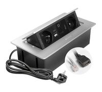 GTV - Enchufe empotrable MULTISOFT aluminio con 2 enchufes con tierra, USB A+C, RJ45, HDMI 2.0, retráctil con tapa, cable de 1,5 m, ideal para cocina, oficina o mesa de conferencias