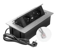 GTV - Enchufe empotrable MULTISOFT aluminio con 2 enchufes con tierra, USB A+C, RJ45, retráctil con tapa, cable de 1,5 m, para cocina, oficina, conferencias y mesa de trabajo