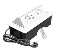 GTV - Enchufe empotrable MULTISOFT blanco con 2 enchufes con tierra, USB A+C, RJ45, retráctil con tapa, cable de 1,5 m, para cocina, oficina, conferencias y mesa de trabajo