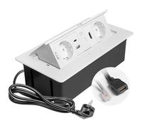 GTV - Enchufe empotrable MULTISOFT blanco con 2 x Schuko, USB A+C, RJ45, HDMI 2.0, cubierta, retráctil, cable de 1,5 m, para escritorio, mesa de conferencias, cocina u oficina en casa