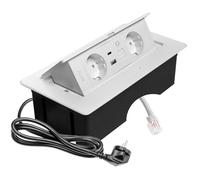 GTV - Enchufe empotrable MULTISOFT blanco con 2 x Schuko, USB A+C, RJ45, retráctil con tapa, cable de 1,5 m, ideal para escritorio, mesa de conferencias o encimera de cocina