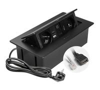 GTV - Enchufe empotrable MULTISOFT negro con 2 enchufes con tierra, USB A+C, RJ45, HDMI 2.0, retráctil con tapa, cable de 1,5 m, ideal para cocina, oficina o mesa de conferencias