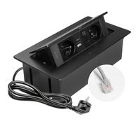 GTV - Enchufe empotrable MULTISOFT negro con 2 enchufes con tierra, USB A+C, RJ45, retráctil con tapa, cable de 1,5 m, para cocina, oficina, conferencias y mesa de trabajo