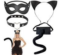GTYARYUA Disfraz de Gata para Mujer, 4 PCS Disfraz de Gato, con Orejas de Gato, Diadema de Cola de Peluche, Collar y Máscaras, para Halloween, Carnaval, Fiesta de Disfraces, Cosplay