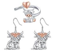 GTYHH 1 Par De Pendientes con Forma De Vaca De Las Tierras Altas Y 1 Anillo A Juego, Joyería De Animales De Estilo Escocés, Adecuado para Uso Diario Y Regalos De Cumpleaños (Plata).