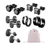 GTYHH Un Juego De 6 Pares De Pendientes Negros con Bolsa De Almacenamiento, Circonitas, Tapones para Los Oídos De Acero Inoxidable, Pendientes Unisex, Acero Unisex, Acero Inoxidable