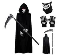 GTYYBH Disfraz de Parca de Halloween, Disfraz de Halloween Set con Capa Negra con Capucha, Casco Calavera, Guantes Esqueleto y Guadaña de Muerte, Ideal para Disfraces Cosplay Halloween