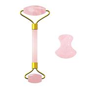 Gua Sha Masaje 2 en 1 Masaje Roller Seta Herramienta de Gua Sha para Masaje de Cara Cuidado de la piel 100% Natural Jade Stone Roller Massager Set-Rose cuarzo-plm