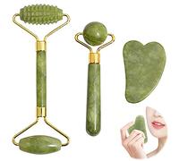 Gua Sha Rodillo Jade Set de Masaje Facial Jade Roller and Gua Sha Facial Masaje Piedra Rodillo de Jade Set Gua Sha Jade Roller Authentic Massager, para Cuello, Cara Ojos, Cuerpo 3 Piezas