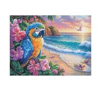 Guacamayo sobre una Rama de Flores al Atardecer en la Playa Puzzles 500 Piezas Desafío Nivel Difícil Rompecabezas para Adultos Aliviar Estrés Decoración Hogar DIY Moderno Portátil 500 PCS