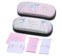 Guador Estuches para Gafas, Unicornio Caja de Gafas Portátil Dura Estuches Fundas Rígidas Gafas Estuche Protector de Gafas Gafas Rígidas Caja con Bolsa de Gafas y Tela Gafas 2 Sets (Rosa + blanco)