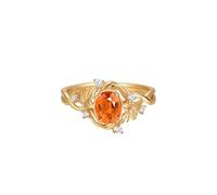 Gualiy Anillo de compromiso de oro amarillo para mujer, 9 K, 14 y 18 quilates, con hoja ovalada, granate mandarina y diamante, talla 4-11, S 1/2, Oro amarillo de 14 quilates, Granate mandarín Diamante